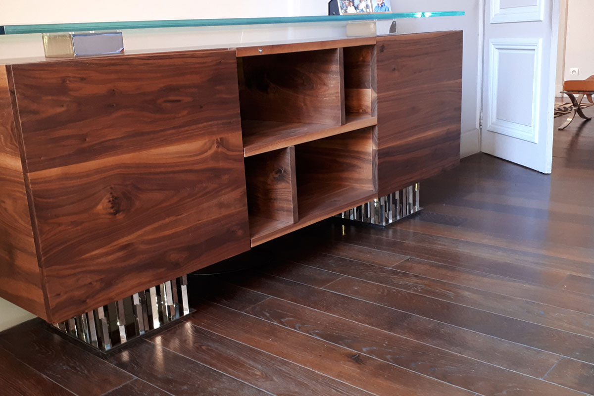 Design moderne Meuble bureau bois massif couleur bois marron pied metal plateau verre