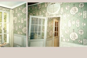 Tenture mural chambre hotel couleurs vert et blanc